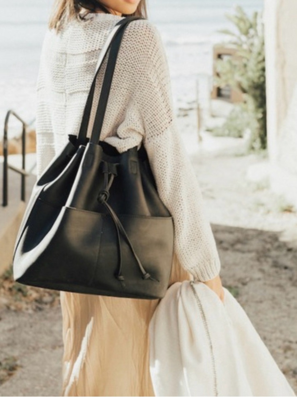 Black Leather Drawstring Bucket Bag- Parker Clay Emma